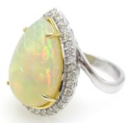 18ct white gold pear shaped opal and diamond cluster ring, stamped 750, opal 4.