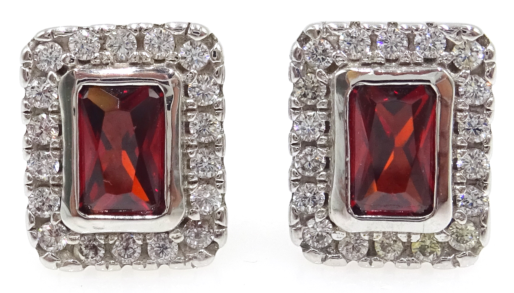 Pair of silver garnet and cubic zirconia ear-rings,