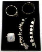 Silver charm bracelet, hinged bangle and vesta case hallmarked,