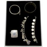 Silver charm bracelet, hinged bangle and vesta case hallmarked,