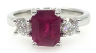18ct white gold ruby and diamond three stone ring, hallmarked ruby approx 1.
