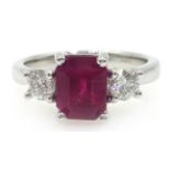 18ct white gold ruby and diamond three stone ring, hallmarked ruby approx 1.