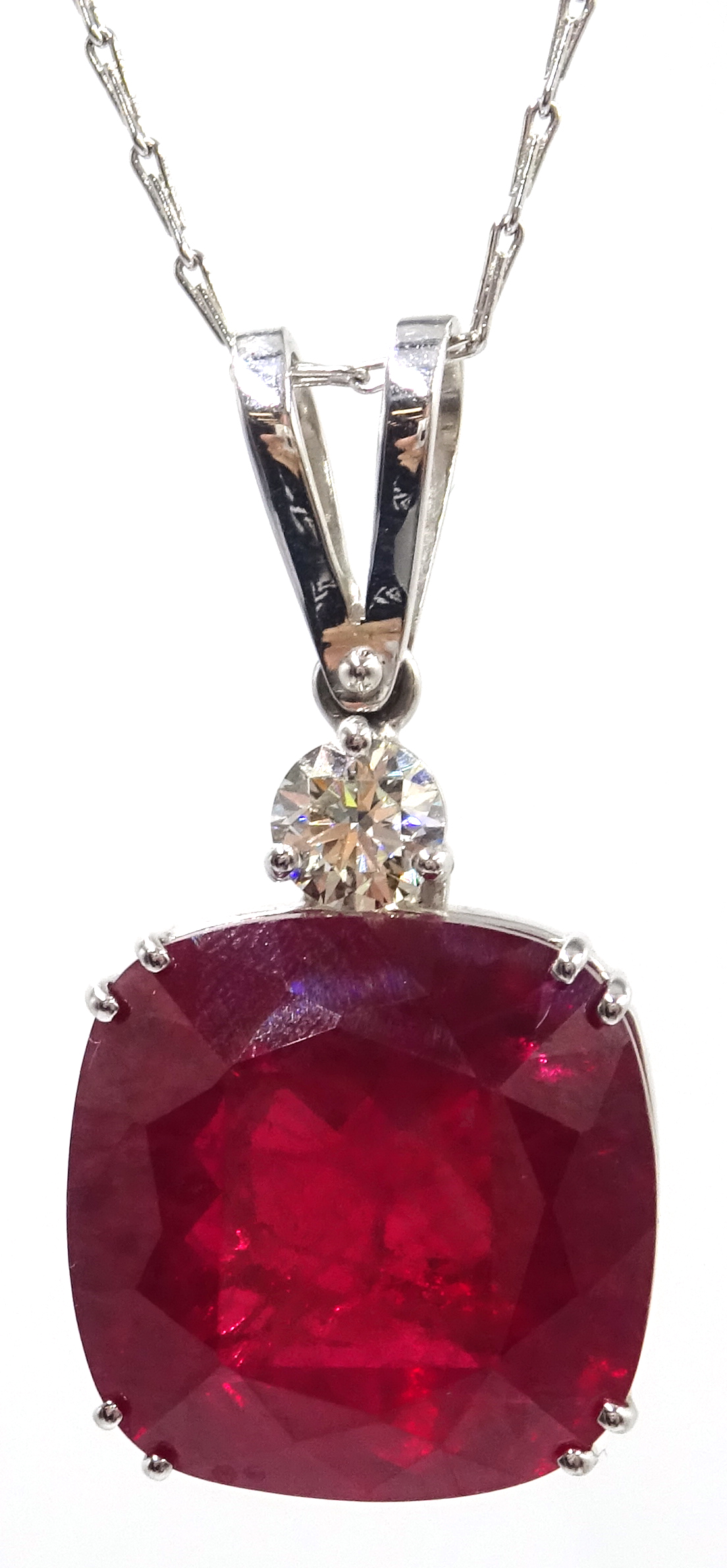 18ct white gold large cushion cut ruby and diamond pendant, stamped 750, ruby approx 28. - Image 2 of 6