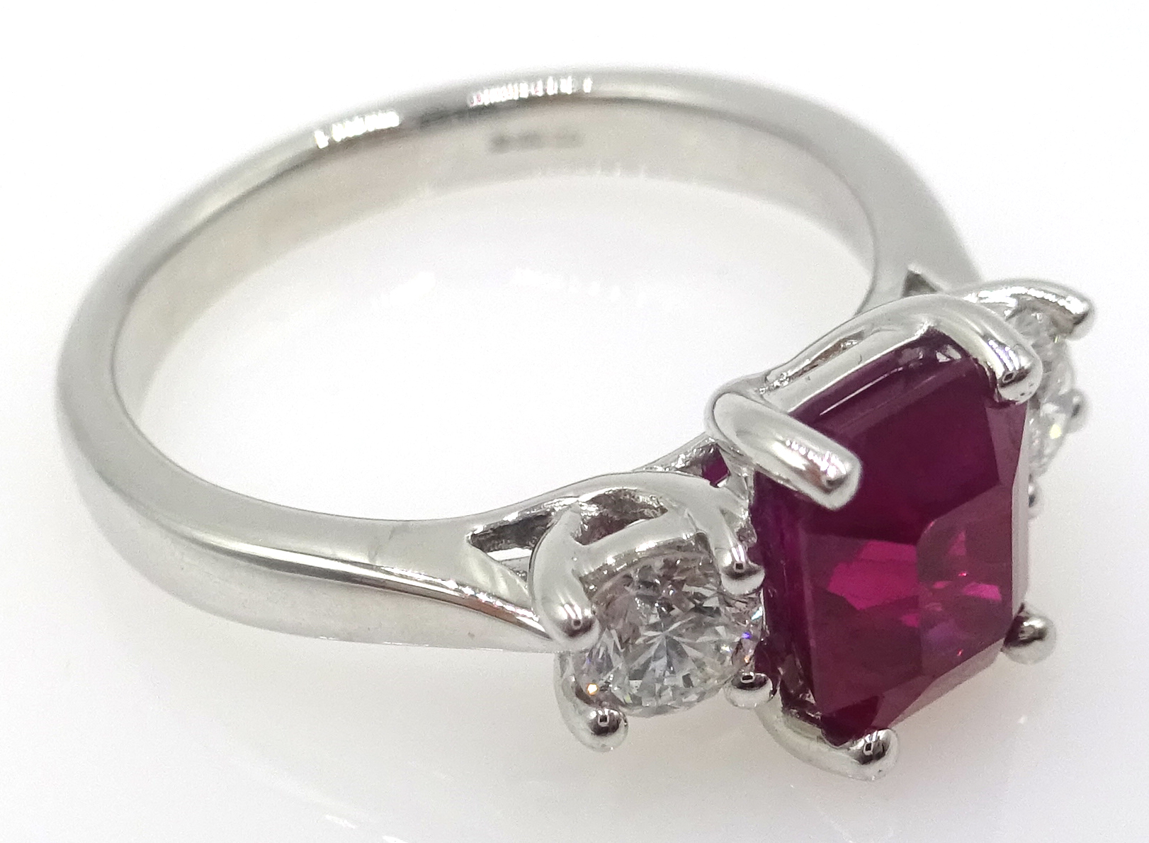 18ct white gold ruby and diamond three stone ring, hallmarked ruby approx 1. - Image 2 of 3