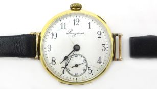 Longines gold wristwatch 1910 with owl mark and EF Co Longines stamped inside back cover