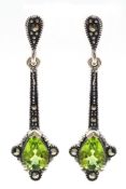 Pair of silver peridot and marcasite pendant ear-rings,