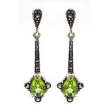 Pair of silver peridot and marcasite pendant ear-rings,