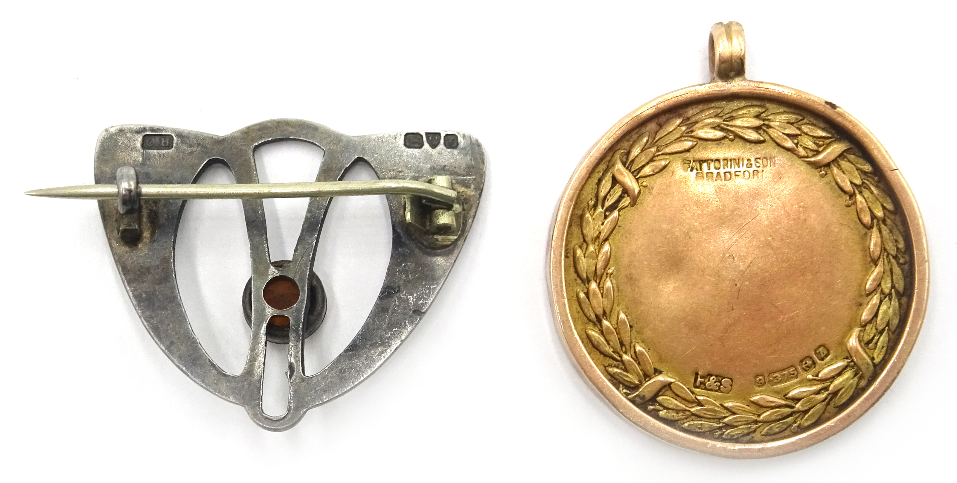 9ct gold 1925 Scarborough and District football medal by Fattorini and an Arts and Crafts silver - Image 2 of 5