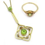 Edwardian peridot and seed pearl pendant necklace stamped 15ct and a similar rose gold ring stamped