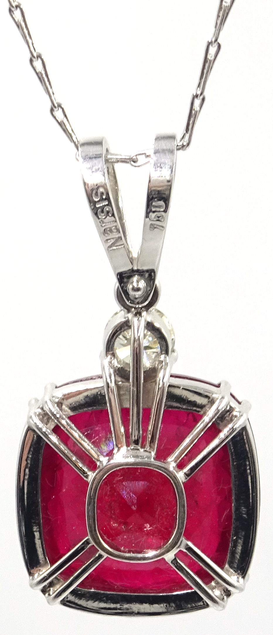 18ct white gold large cushion cut ruby and diamond pendant, stamped 750, ruby approx 28. - Image 4 of 6