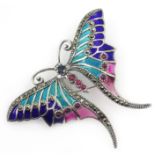 Plique-a-jour, marcasite and stone set butterfly pendant/brooch,