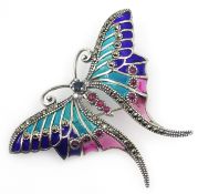 Plique-a-jour, marcasite and stone set butterfly pendant/brooch,