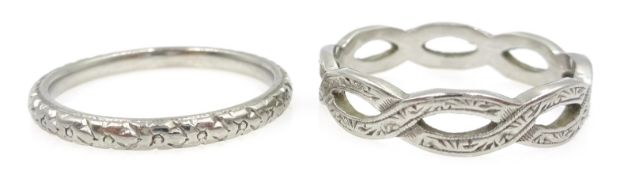 Platinum weave design ring and one other both stamped PLAT, approx 6.