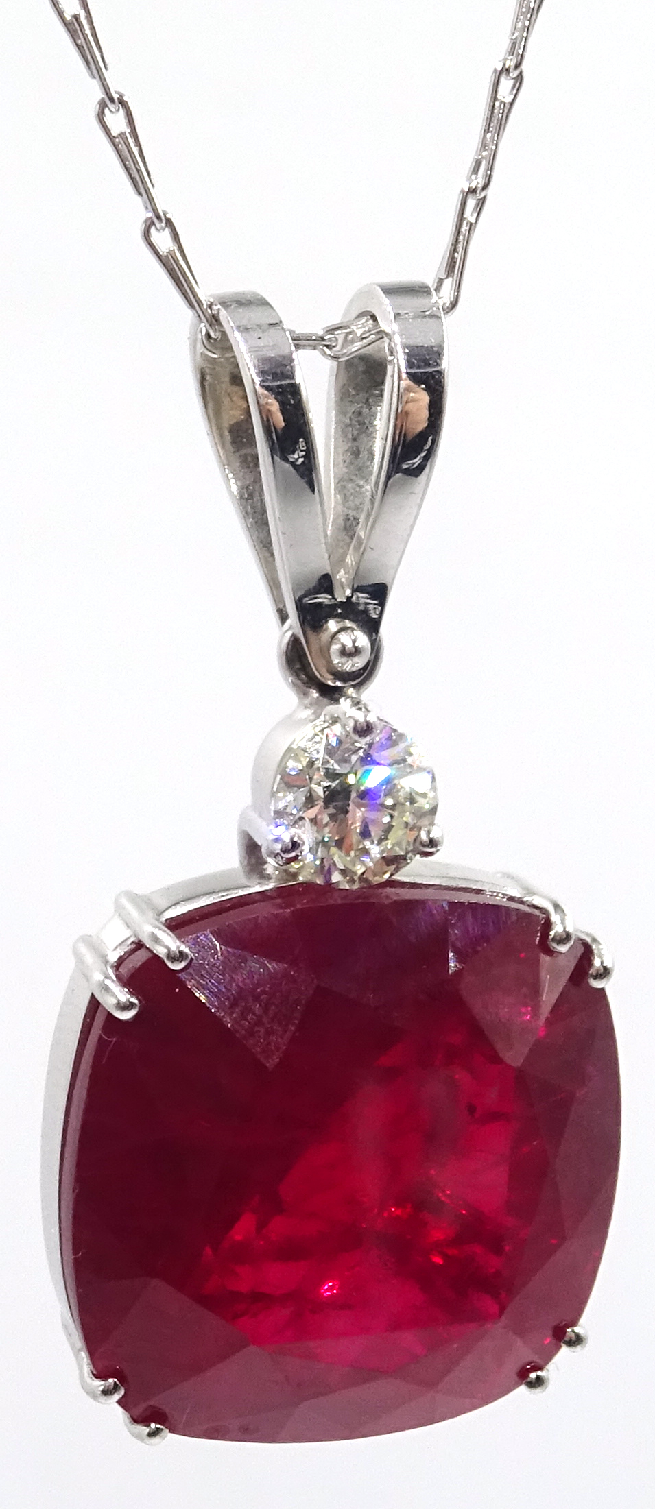 18ct white gold large cushion cut ruby and diamond pendant, stamped 750, ruby approx 28. - Image 3 of 6