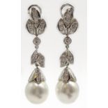 Pair of 18ct white gold diamond and south sea pearl drop ear-rings,