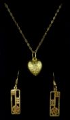 Pair of 9ct gold (tested) Mackintosh design pendant ear-rings and heart pendant necklace stamped