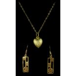 Pair of 9ct gold (tested) Mackintosh design pendant ear-rings and heart pendant necklace stamped