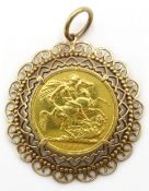 1889 gold sovereign, loose mounted in 9ct gold (tested) fancy pendant, approx 12.