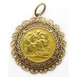 1889 gold sovereign, loose mounted in 9ct gold (tested) fancy pendant, approx 12.