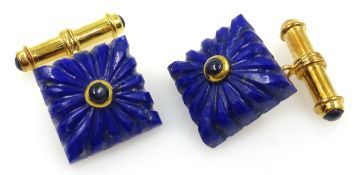 Pair of silver-gilt carved lapis lazuli and sapphire cuff-links,