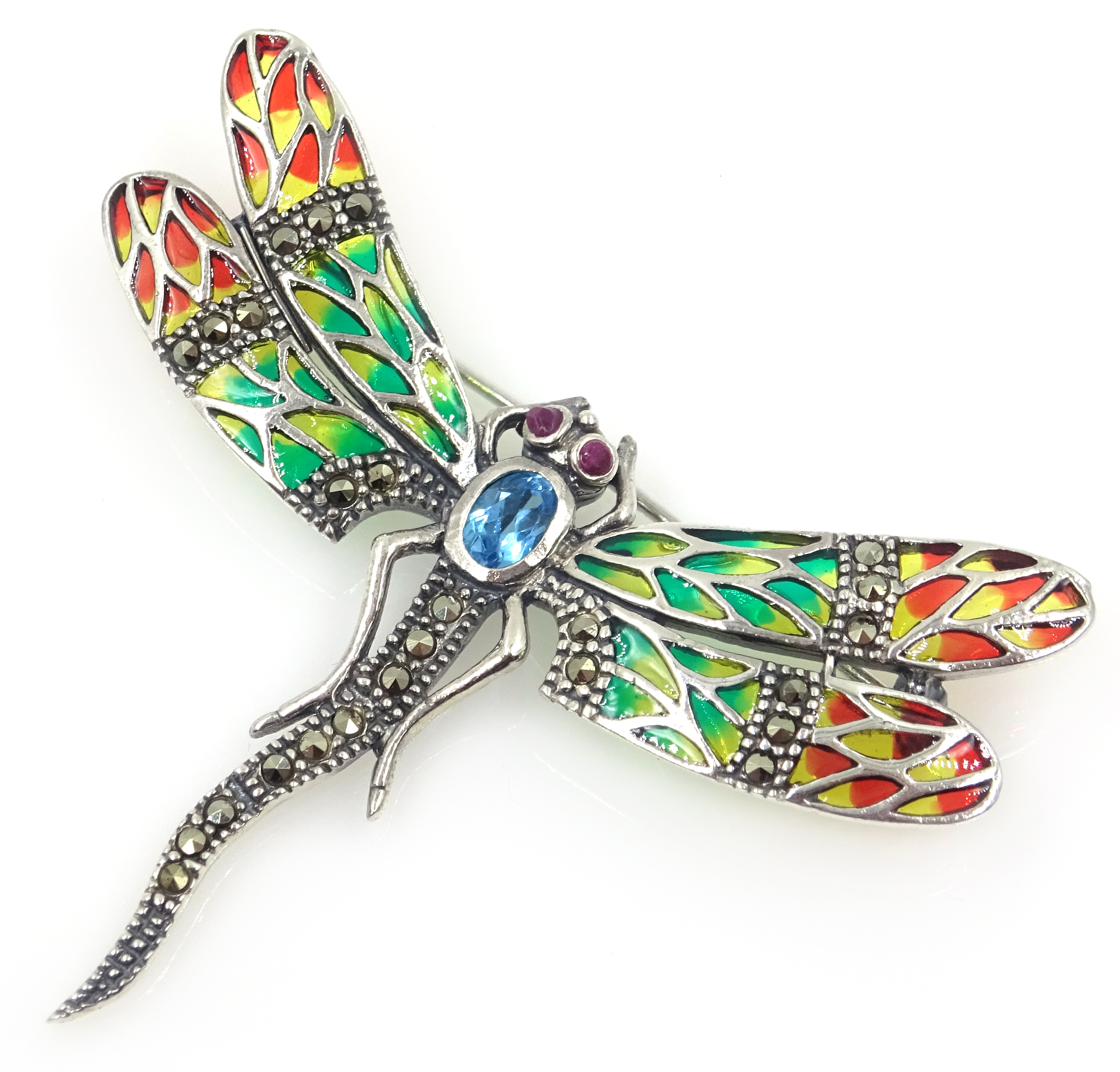 Plique-a-jour, marcasite and stone set dragonfly pendant/brooch,