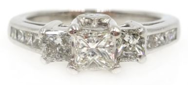 14ct white gold princess cut trilogy diamond ring with diamond shoulders, hallmarked,