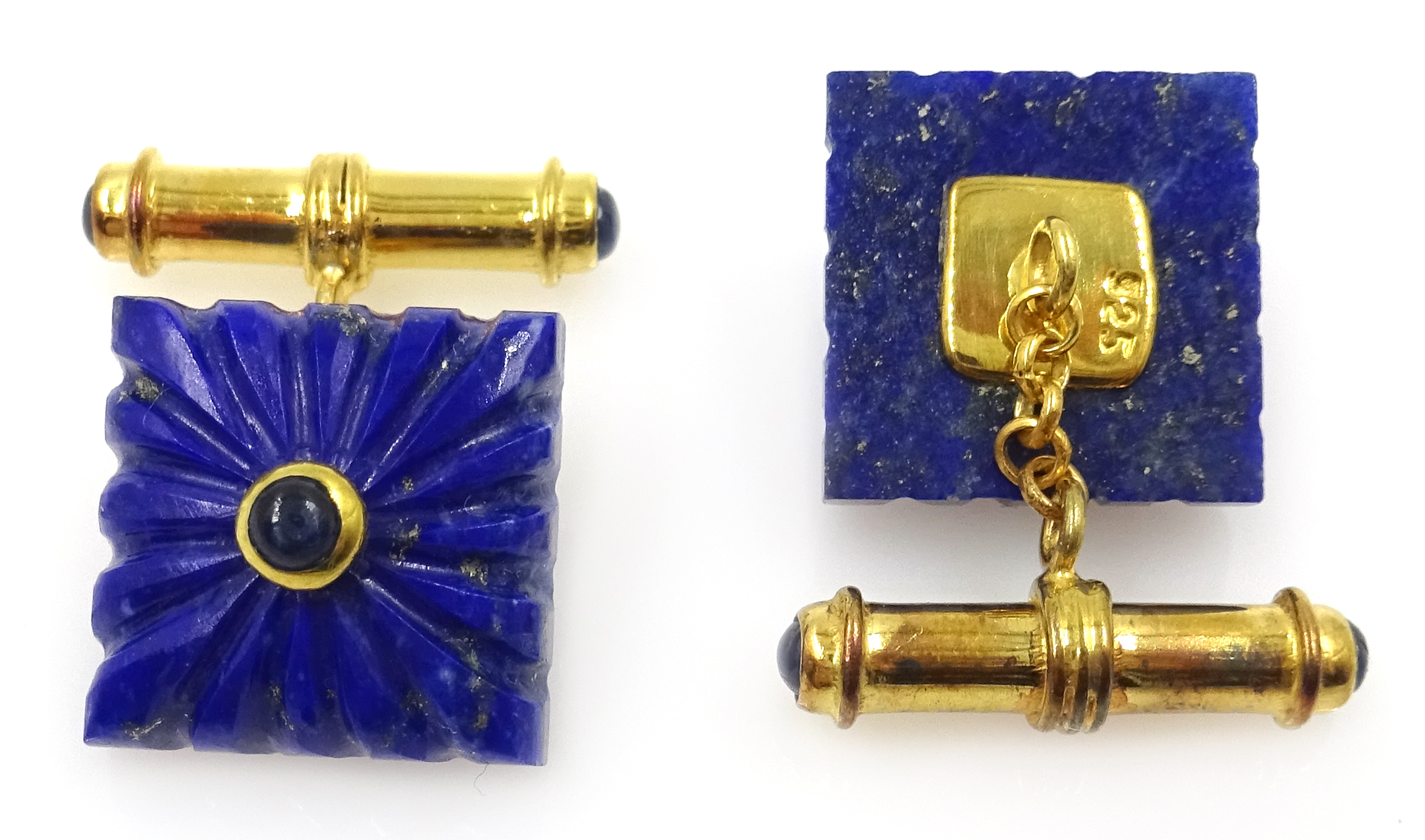 Pair of silver-gilt carved lapis lazuli and sapphire cuff-links, - Image 2 of 2