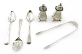 Pair Georgian silver sugar nips, various spoons, condiments hallmarked approx 4.