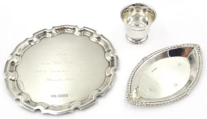 Silver presentation waiter, trinket dish and egg cup all hallmarked approx 6oz