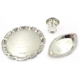 Silver presentation waiter, trinket dish and egg cup all hallmarked approx 6oz