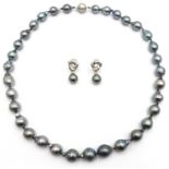 Tahitian black pearl necklace on 18ct white gold clasp hallmarked and a pair of 18ct white gold