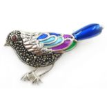 Silver enameled, marcasite bird brooch,