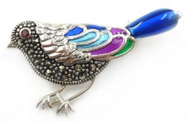 Silver enameled, marcasite bird brooch,