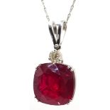 18ct white gold large cushion cut ruby and diamond pendant, stamped 750, ruby approx 28.