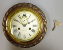 20th century oak case Bulkhead type Clock, circular white Roman dial with subsidiary seconds,