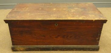 Victorian pitch pine Ships box with scumbled finish, ebonised skirted base and plaited rope handles,