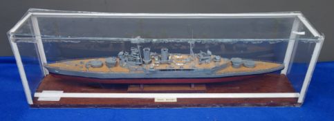 Scale built model of HMS Hood, wooden hull with plastic superstructure, guns and equipment,