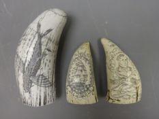 Three replica Scrimshaws style models, 'The Dakota' 'Rachel Pringle of Barbados' etc,