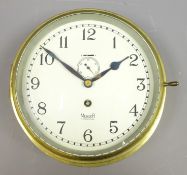 20th century brass cased Bulkhead Clock, circular cream Arabic dial with subsidiary seconds,