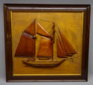 Specimen wood Half-block model of a fully rigged twin masted sailing vessel, H37cm, framed,