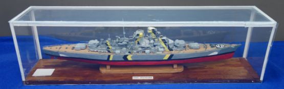 Scale built model of SMS Bismarck, wooden hull with plastic superstructure, guns and equipment,