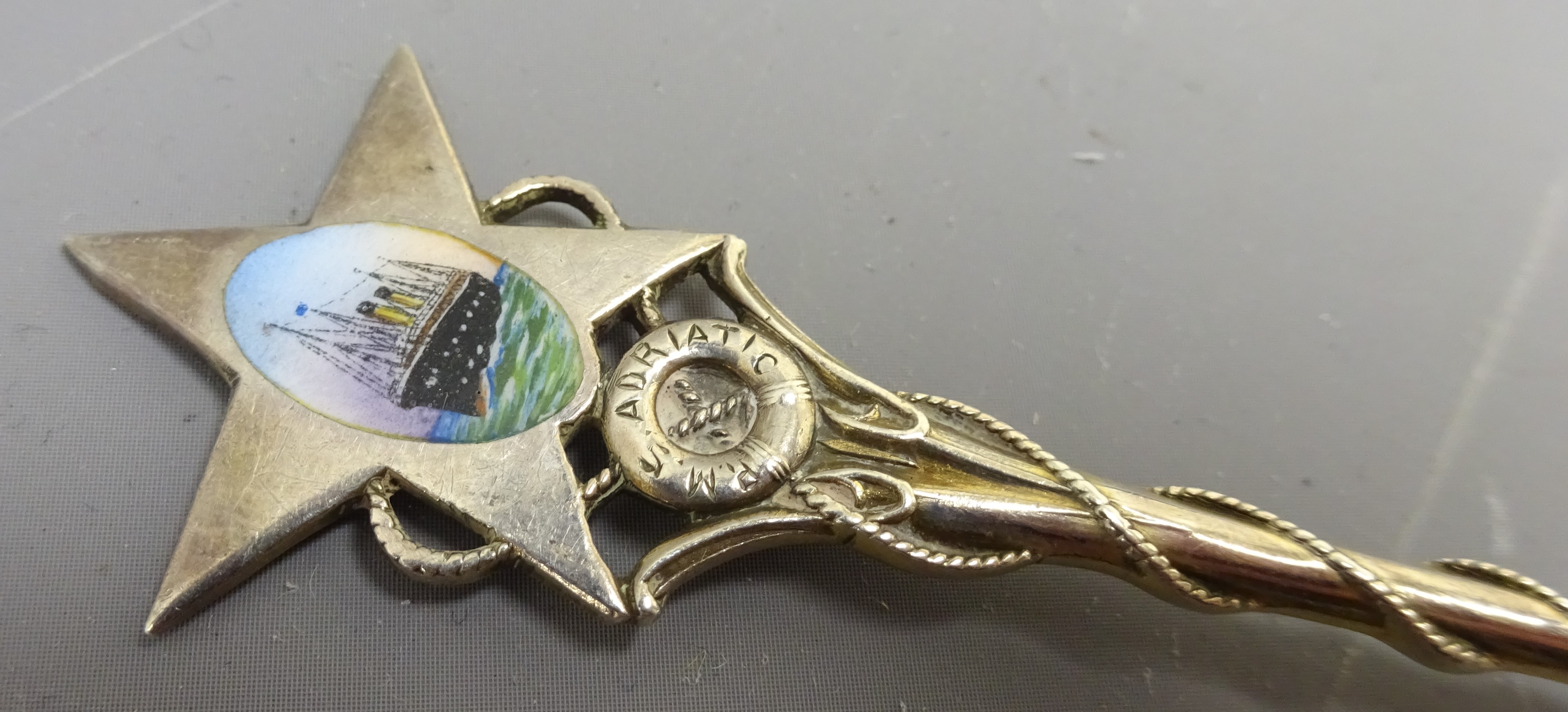 Silver spoon, enamelled with RMS Adriatic in a star, ropetwist handle, Rd.No. - Image 2 of 3