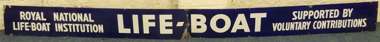 RNLI two piece enamel Lifeboat sign, white lettering on blue ground,