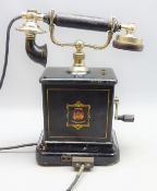 Vintage Danish telephone, black metal case with gilt detail marked JYDSK, Telefon Aktieselskab,