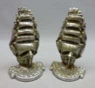 Pair of chromed metal 1940's Book Ends cast as the bow of the Cutty Sark,