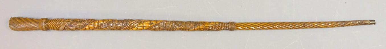 Early 20th century boxwood walking stick, shaft carved with ropetwist and entwined foliage,