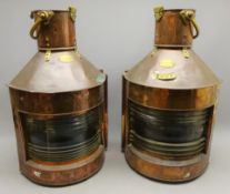 Pair copper ship's Navigation lamps with clear glass lenses and coloured filters 'Port' by Telford