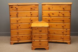 Two pine chests, six drawers shaped plinth base (W80cm, H108cm, D40cm) and matching bedside cabinet,