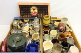 Collection of tankards and measures including Wade, Lord Nelson pottery, pewter etc,