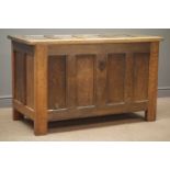 19th century panelled oak coffer, hinged lid, stile supports, W123cm, H75cm,